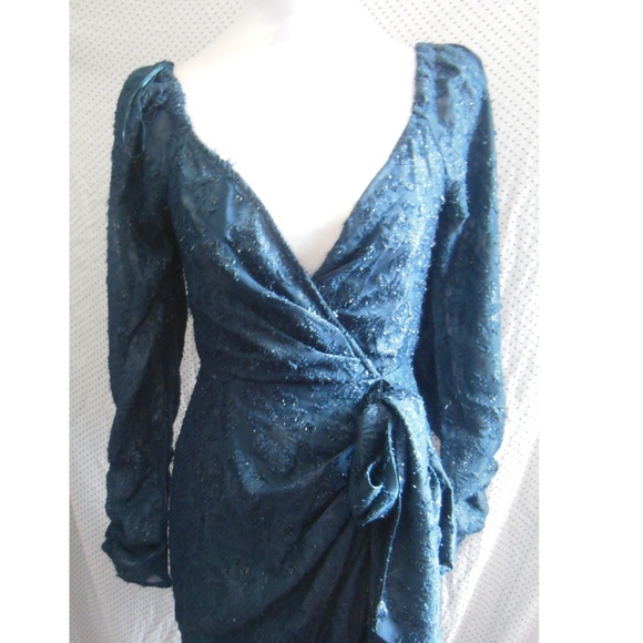 NEW ASTR Label NAVY Terese METALLIC Floral LONG SLEEVE Cocktail MIDI DRESS XS - Picture 7 of 16